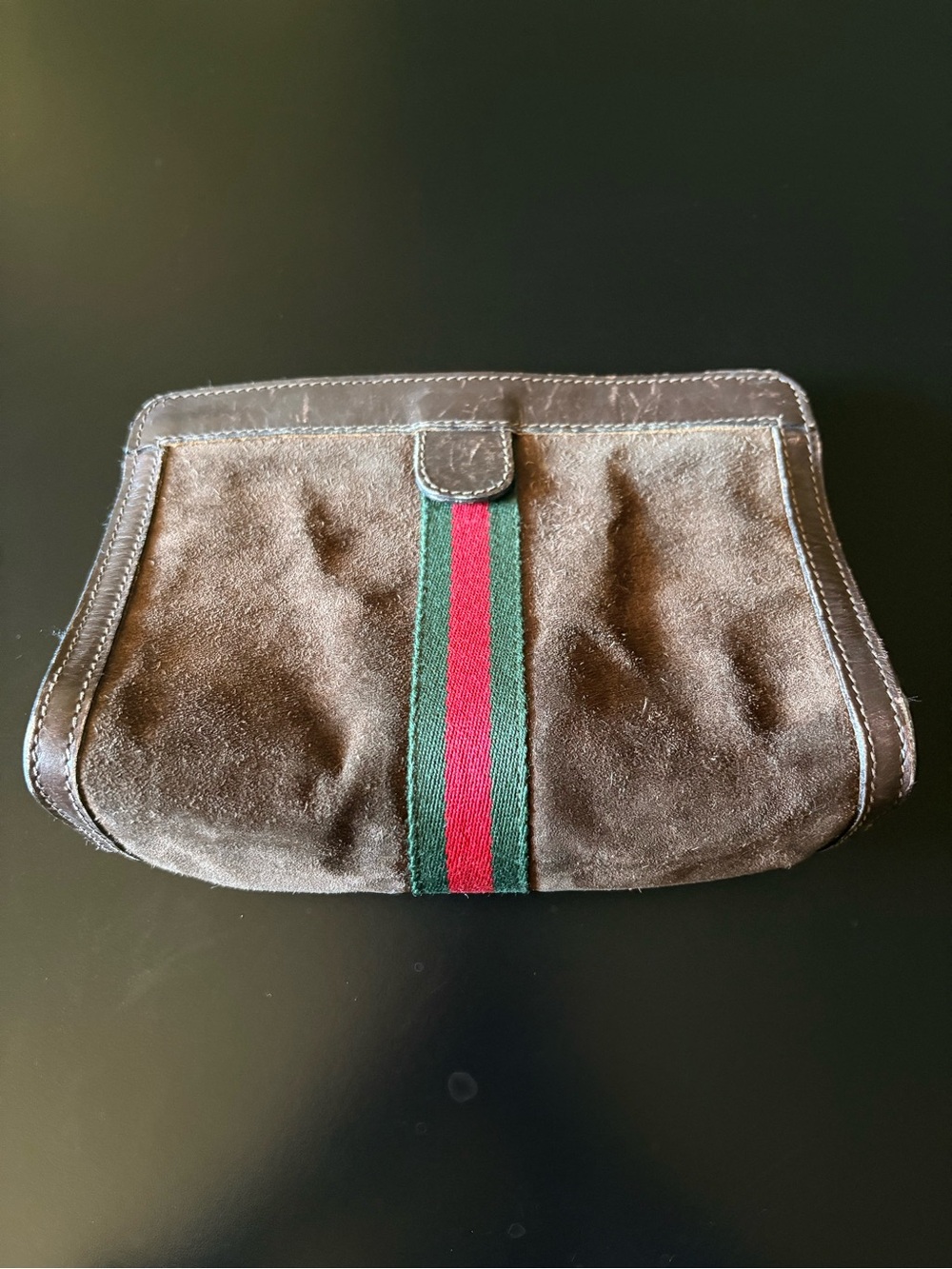 Gucci Brown Suede Clutch with Signature Green-Red Stripe - Picture 1 of 3